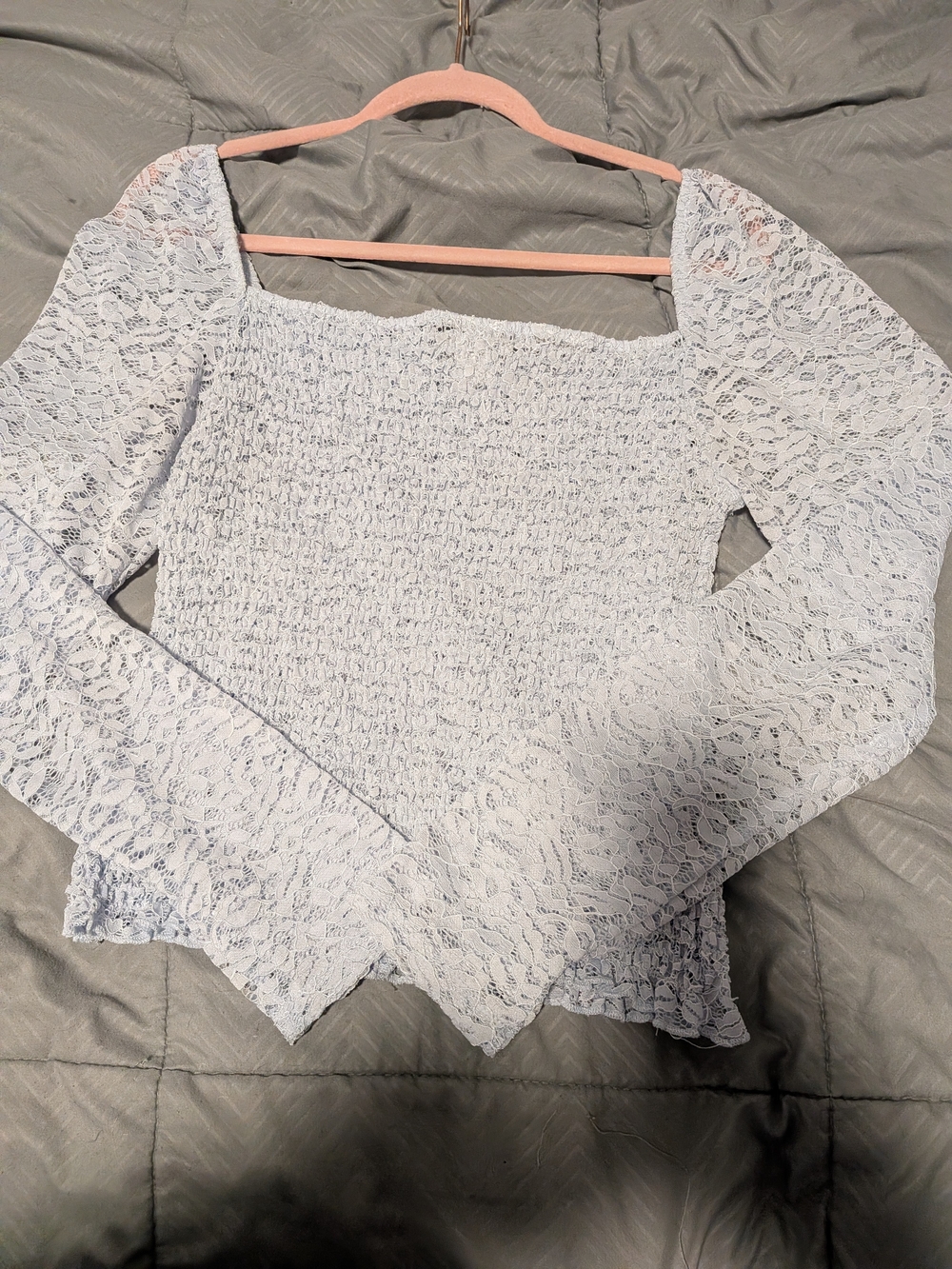 Revamped Light Blue Off-Shoulder Lace Smocked Sweater